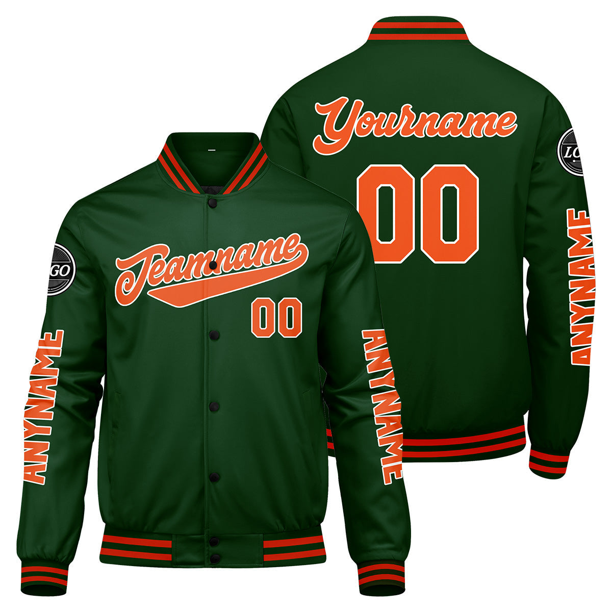 Chaquetas universitarias personalizadas de color verde oscuro y naranja para hombres & mujeres y jóvenes & Chaquetas Letterman personalizadas
