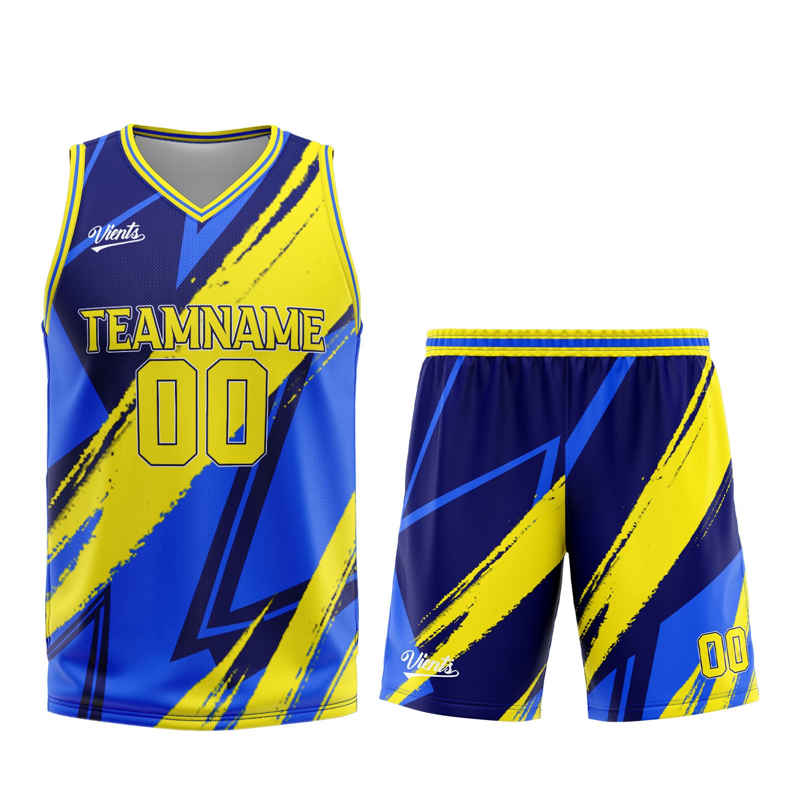 Uniforme de baloncesto personalizado azul y amarillo con tu logotipo-nombre y número impresos