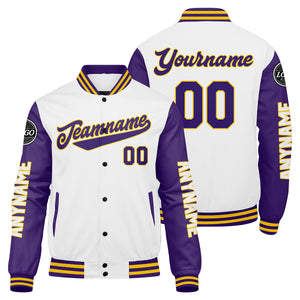 Chaquetas universitarias personalizadas en morado & blanco y amarillo para hombres & mujeres y jóvenes & Chaquetas tipo Letterman personalizadas