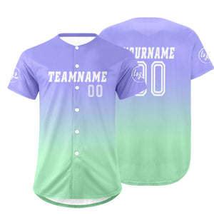 Camiseta de béisbol personalizada de color morado claro y verde claro con degradado uniformes de equipo personalizados con nombre y número