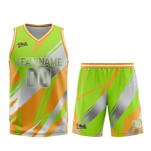 Uniforme de baloncesto personalizado en verde-naranja y gris con tu logotipo-nombre y número impresos