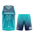 Uniforme de baloncesto personalizado azul marino y cian con su logotipo-nombre y número impresos