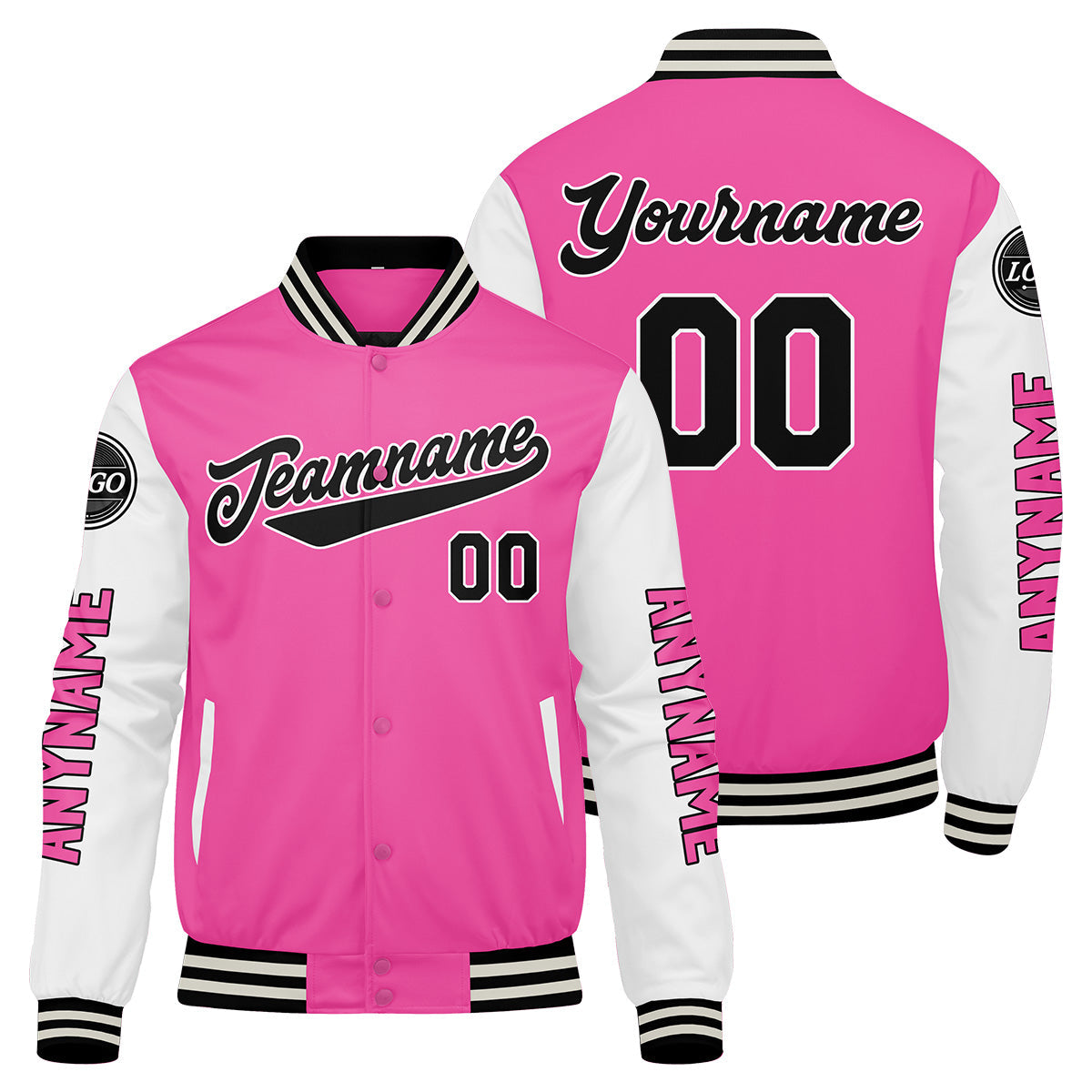 Chaquetas universitarias personalizadas en rosa y blanco para hombres & mujeres y jóvenes & Chaquetas Letterman personalizadas