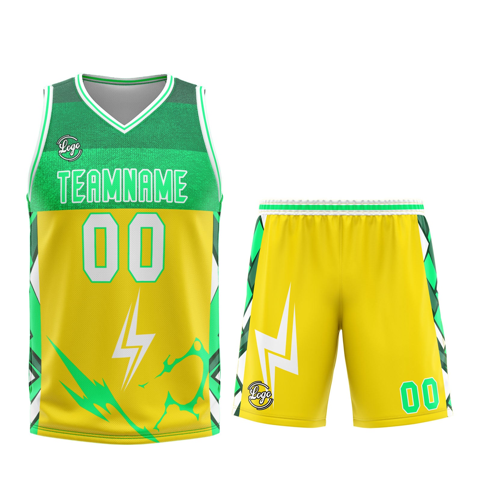 Uniforme de baloncesto personalizado amarillo y verde con tu logotipo-nombre y número impresos