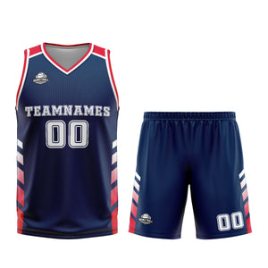 Uniforme de baloncesto personalizado azul marino y rojo con tu logotipo-nombre y número impresos