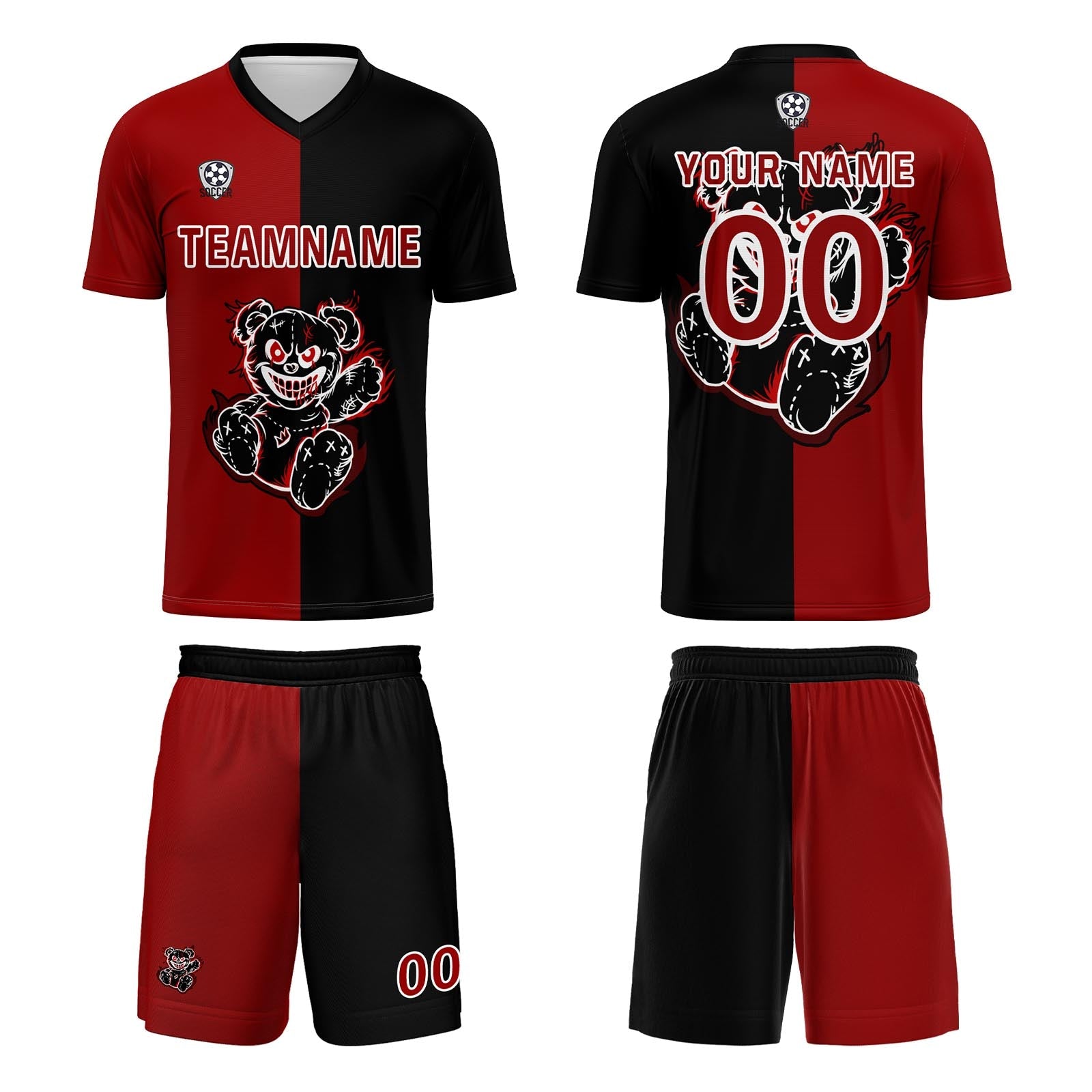 Conjunto personalizado de camiseta de fútbol roja y negra para niños y adultos