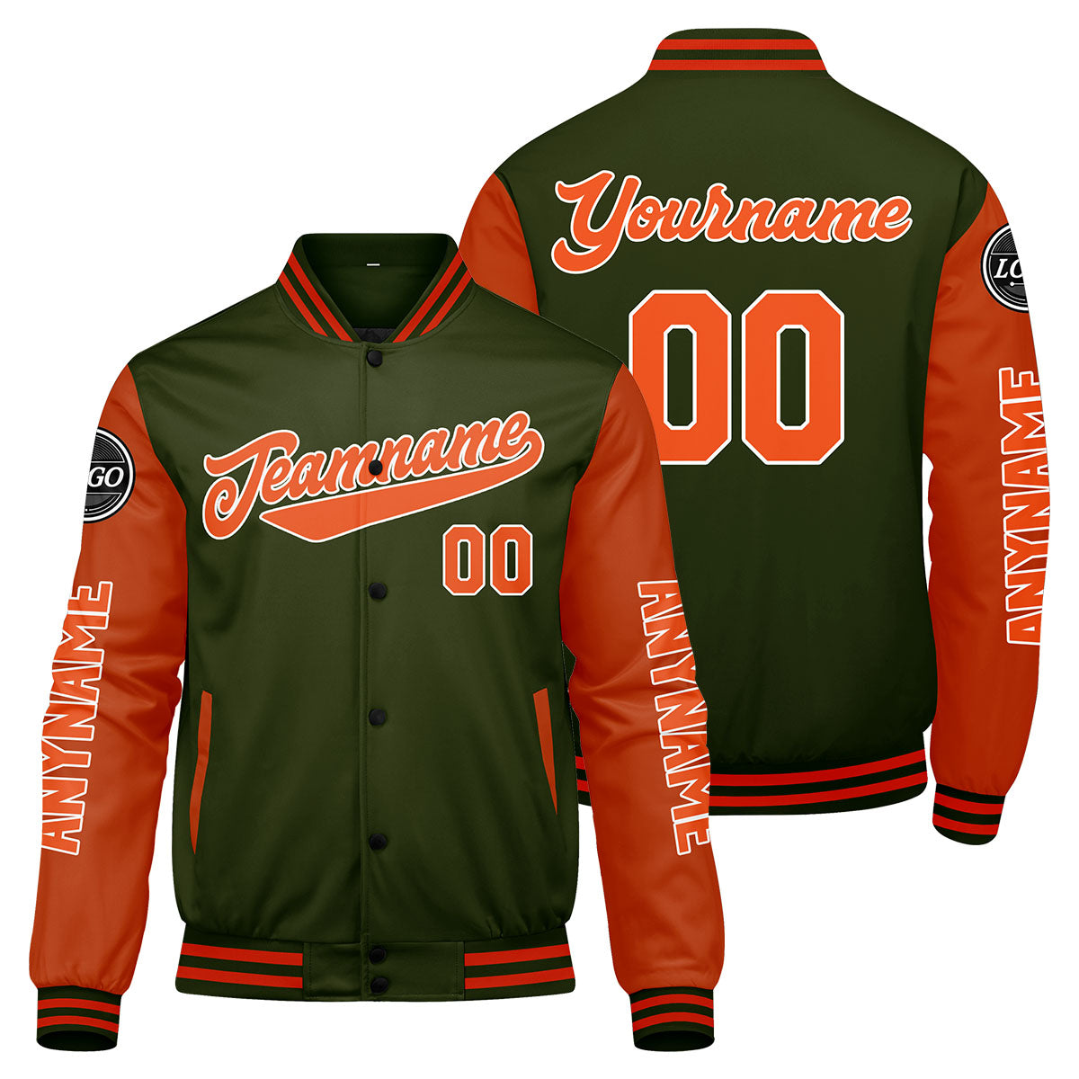 Chaquetas universitarias personalizadas de color verde oliva y naranja para hombres & mujeres y jóvenes & Chaquetas tipo Letterman personalizadas