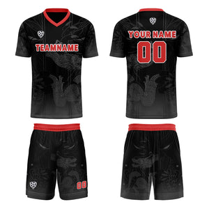 Conjunto personalizado de camiseta de uniforme negra y roja para niños y adultos