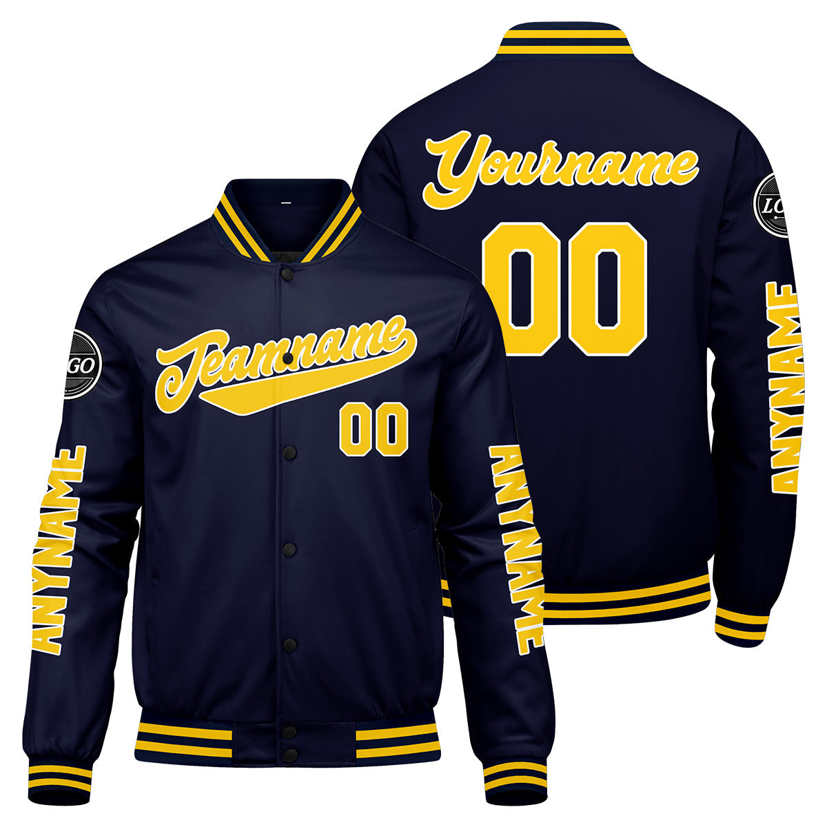 Chaquetas universitarias personalizadas azul marino y amarillas para hombres & mujeres y jóvenes & Chaquetas tipo Letterman personalizadas