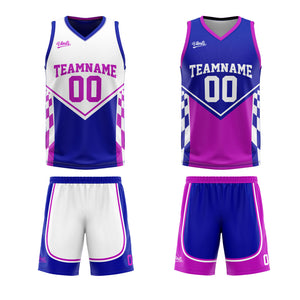 Traje de baloncesto reversible azul y morado personalizado para adultos y niños
