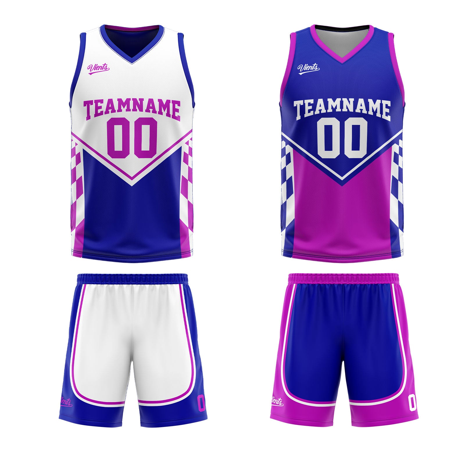 Traje de baloncesto reversible azul y morado personalizado para adultos y niños