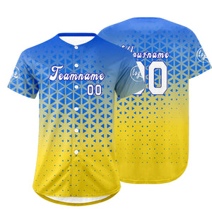 Camiseta de béisbol personalizada azul y amarilla con degradado uniformes de equipo con nombre y número