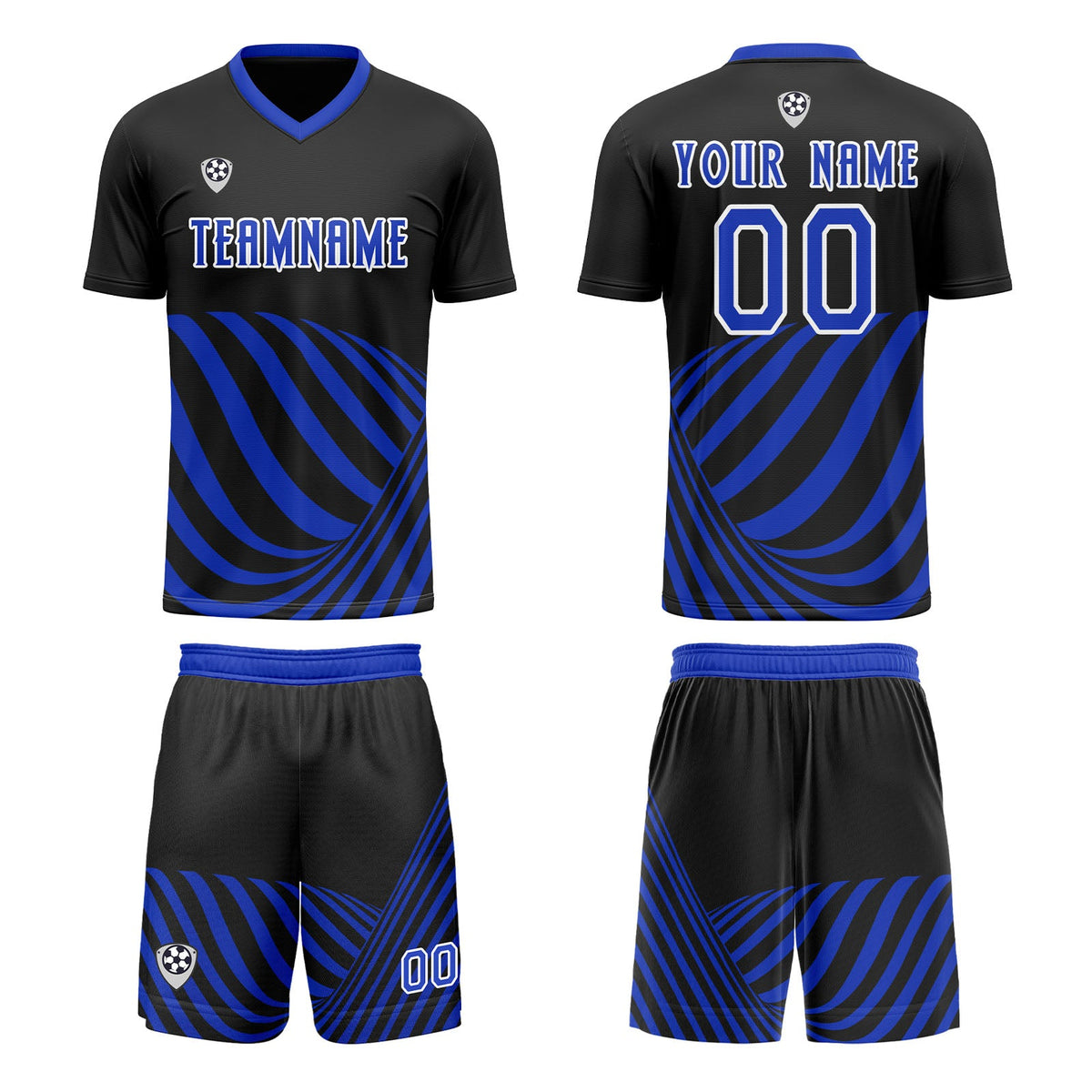 Conjunto personalizado de camiseta de uniforme negra y azul para niños y adultos