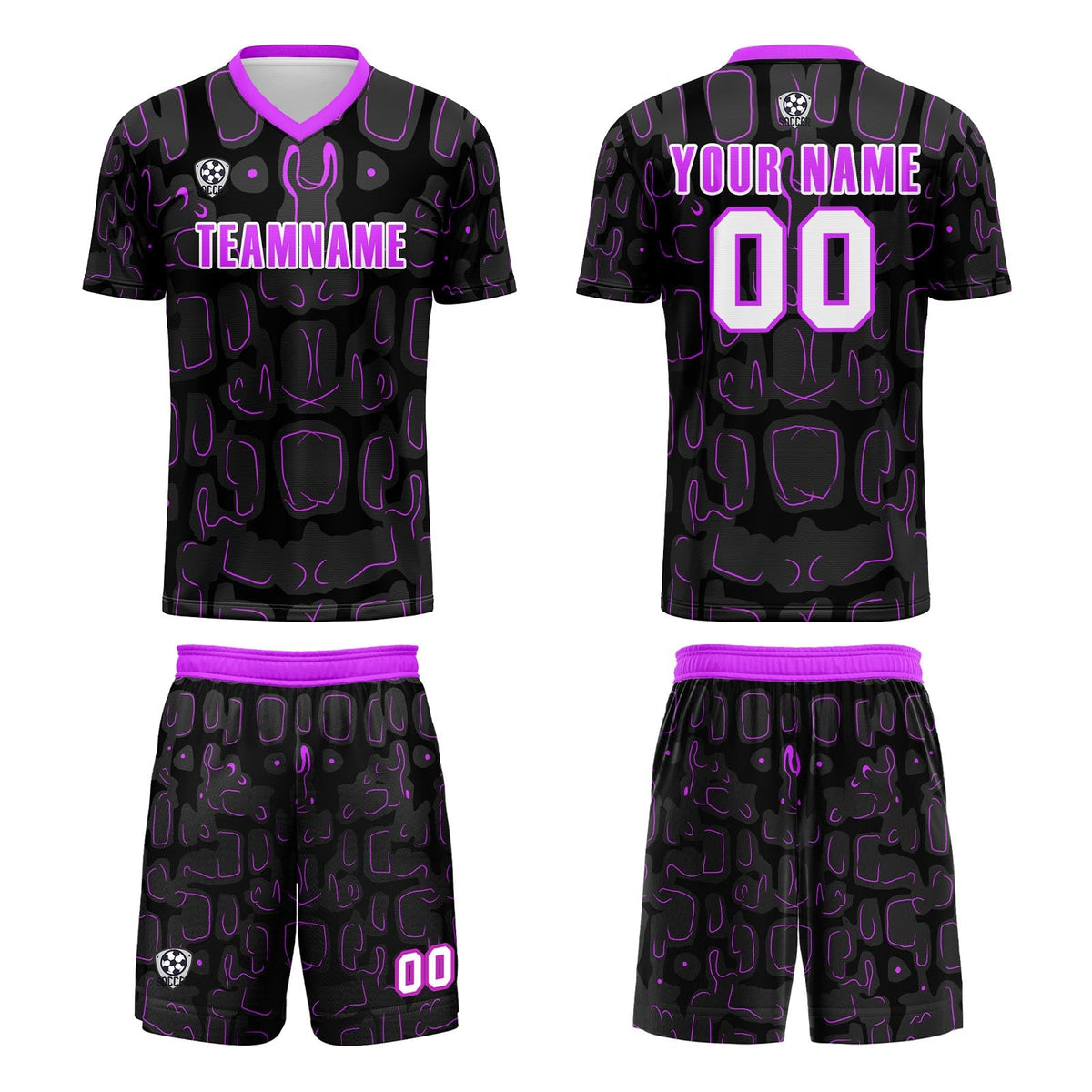 Conjunto personalizado de camiseta de fútbol negra y morada para niños y adultos