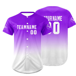 Camiseta de béisbol personalizada morada y blanca con degradado uniformes de equipo personalizados con nombre y número
