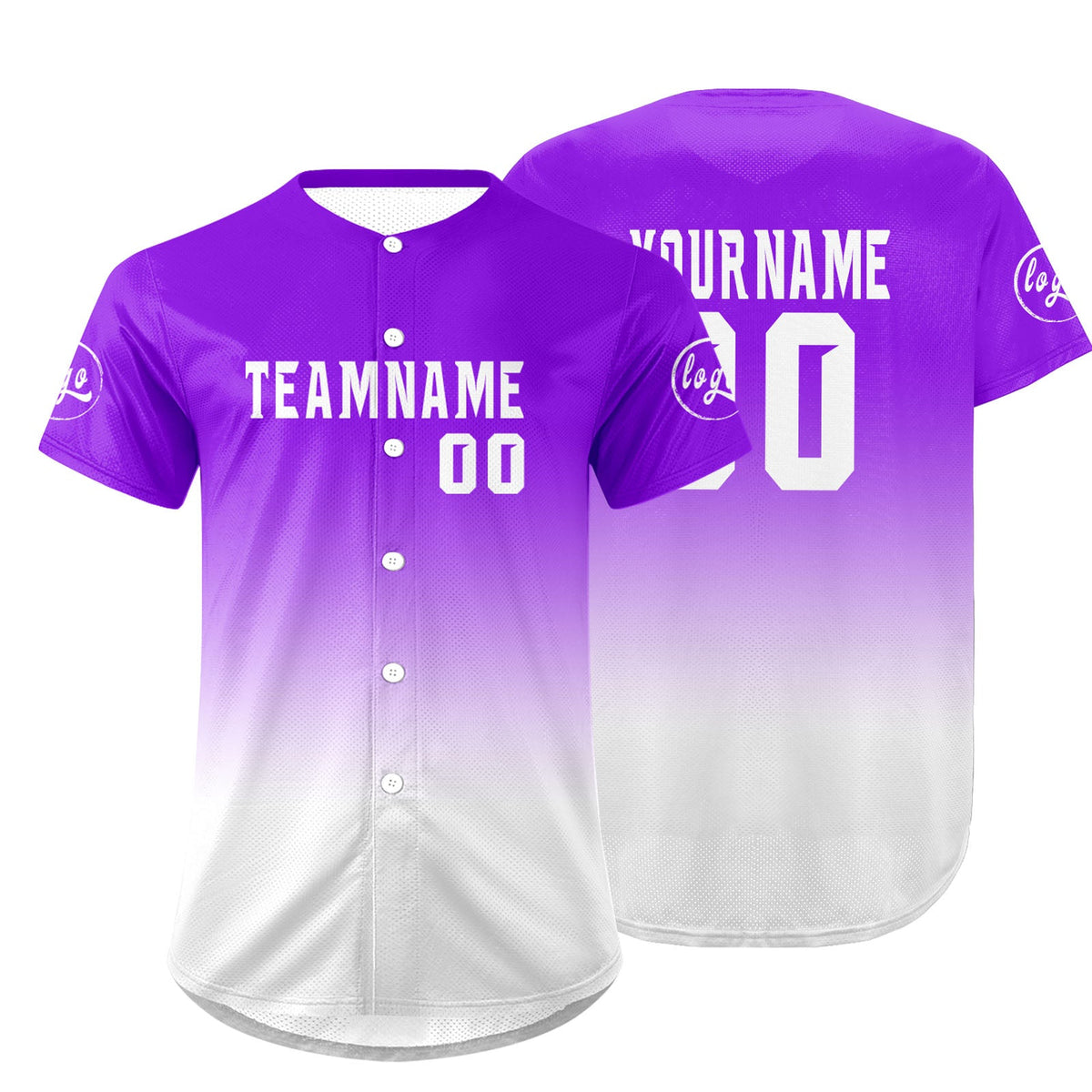 Camiseta de béisbol personalizada morada y blanca con degradado uniformes de equipo personalizados con nombre y número