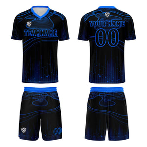 Conjunto personalizado de camiseta de fútbol negra y azul para niños y adultos
