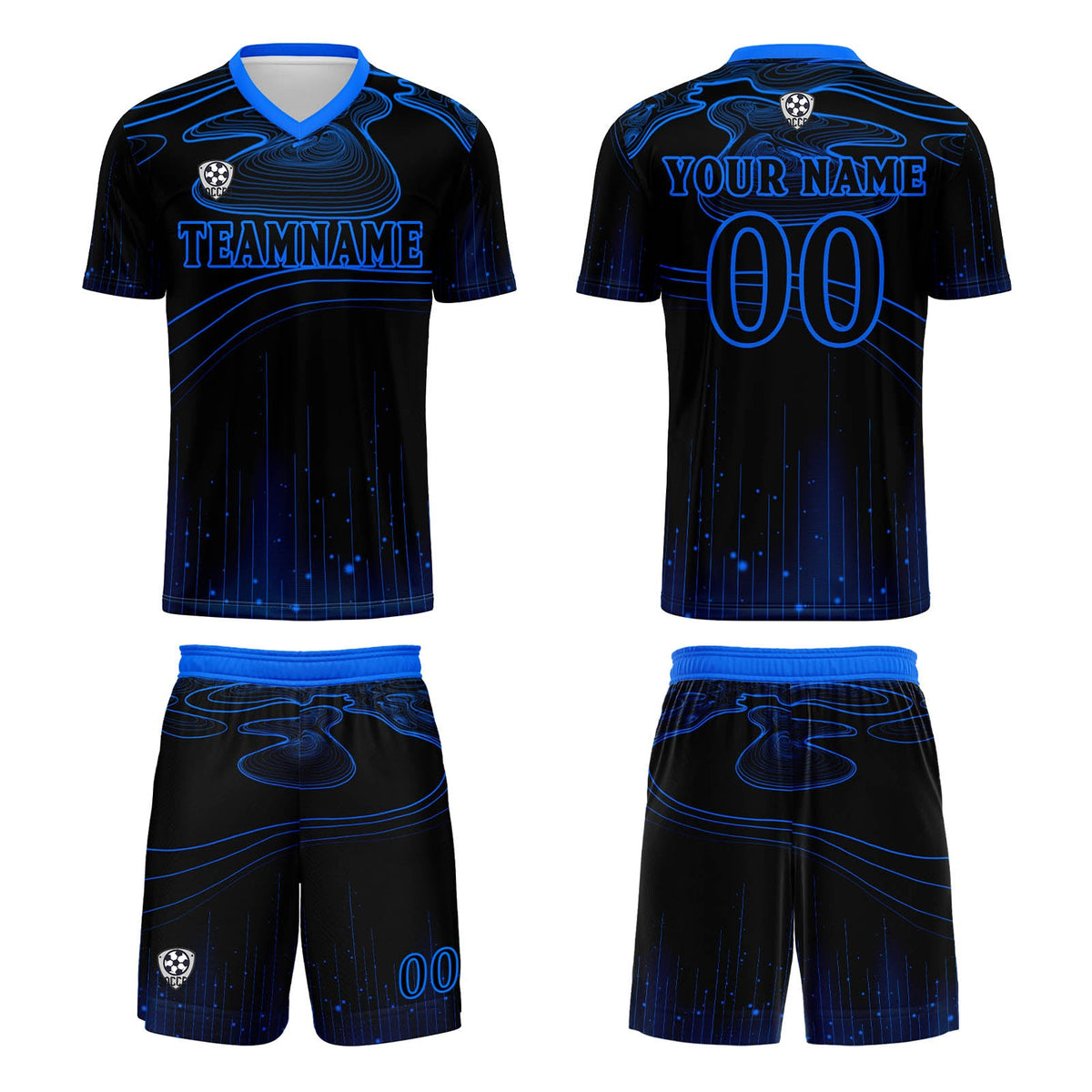 Conjunto personalizado de camiseta de fútbol negra y azul para niños y adultos