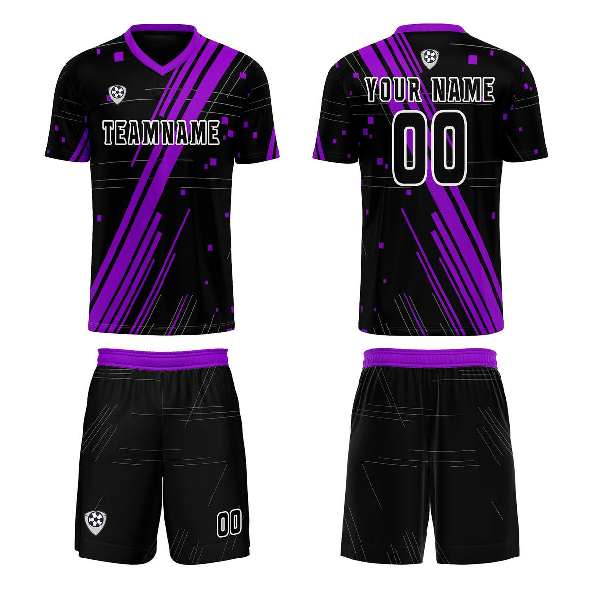 Conjunto personalizado de camiseta de uniforme negra y morada para niños y adultos