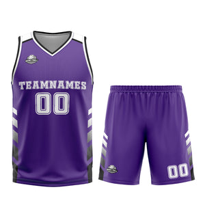 Uniforme de baloncesto personalizado morado y blanco con tu logotipo-nombre y número impresos