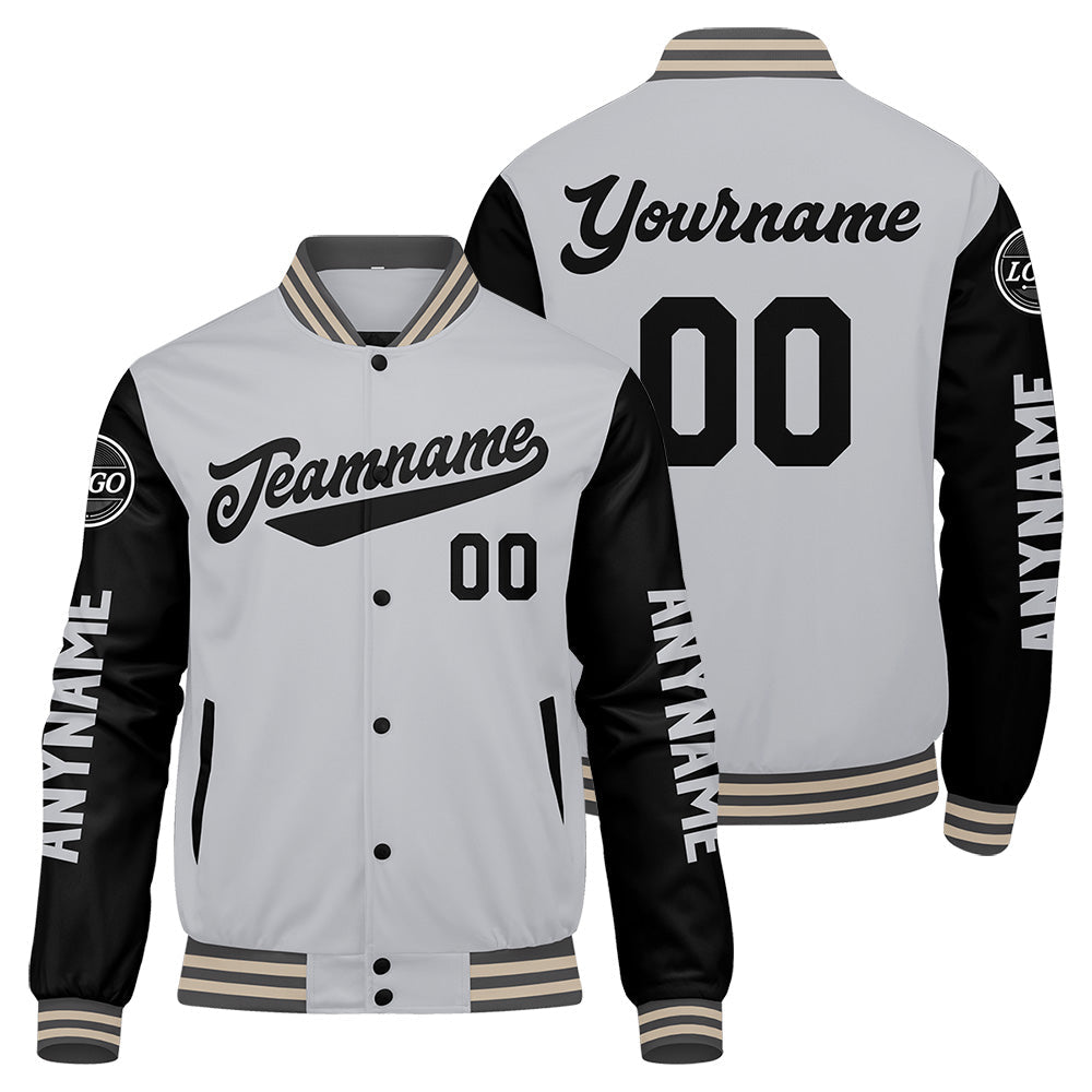 Chaquetas universitarias personalizadas en gris & negro y crema para hombres & mujeres y jóvenes & Chaquetas Letterman personalizadas