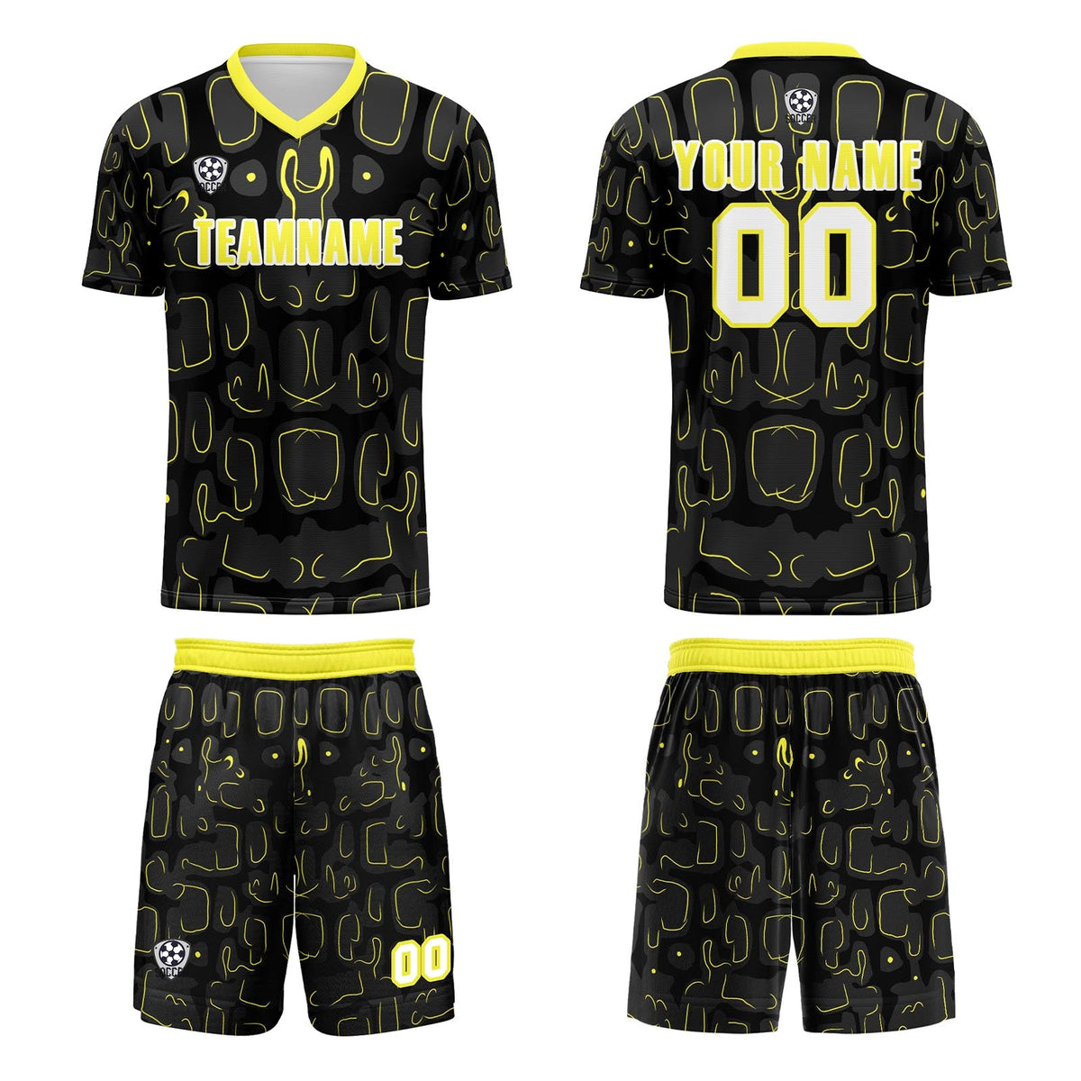 Conjunto personalizado de camiseta de fútbol negra y amarilla para niños y adultos