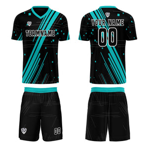 Conjunto personalizado de camiseta de uniforme negra y verde azulada para niños y adultos