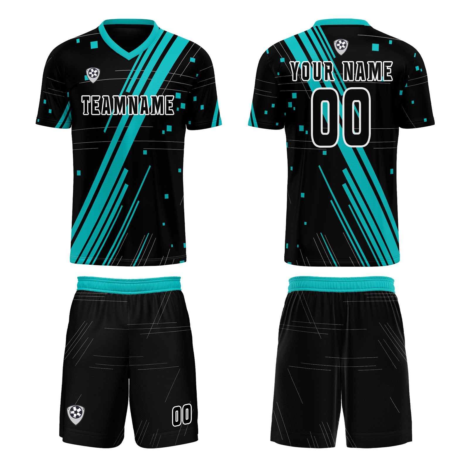 Conjunto personalizado de camiseta de uniforme negra y verde azulada para niños y adultos