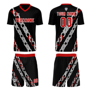 Conjunto personalizado de camiseta de uniforme negra y roja para niños y adultos