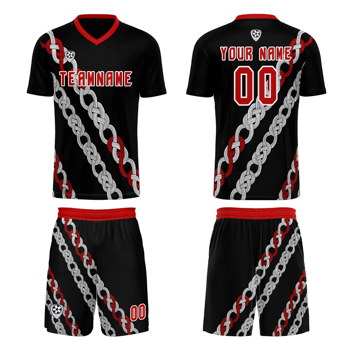 Conjunto personalizado de camiseta de uniforme negra y roja para niños y adultos