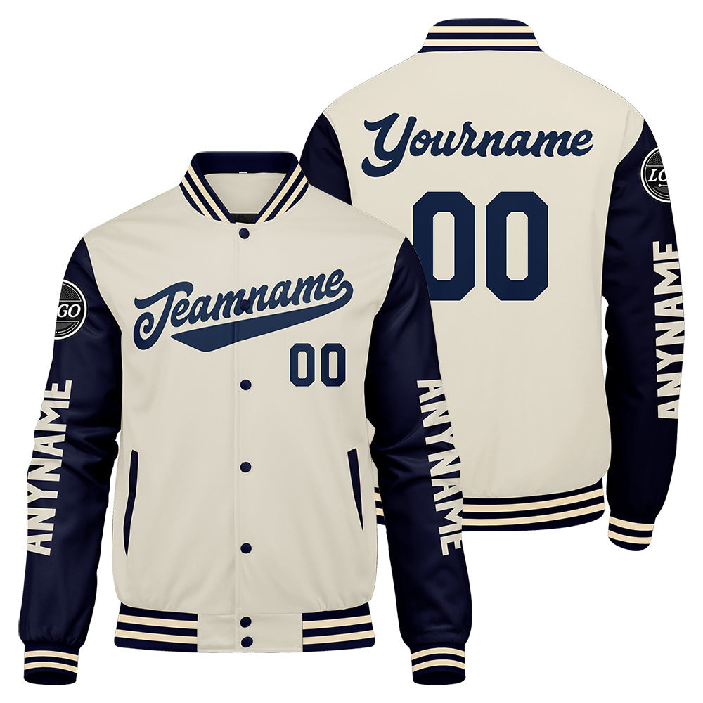 Chaquetas universitarias personalizadas azul marino y crema para hombres & mujeres y jóvenes & Chaquetas tipo Letterman personalizadas