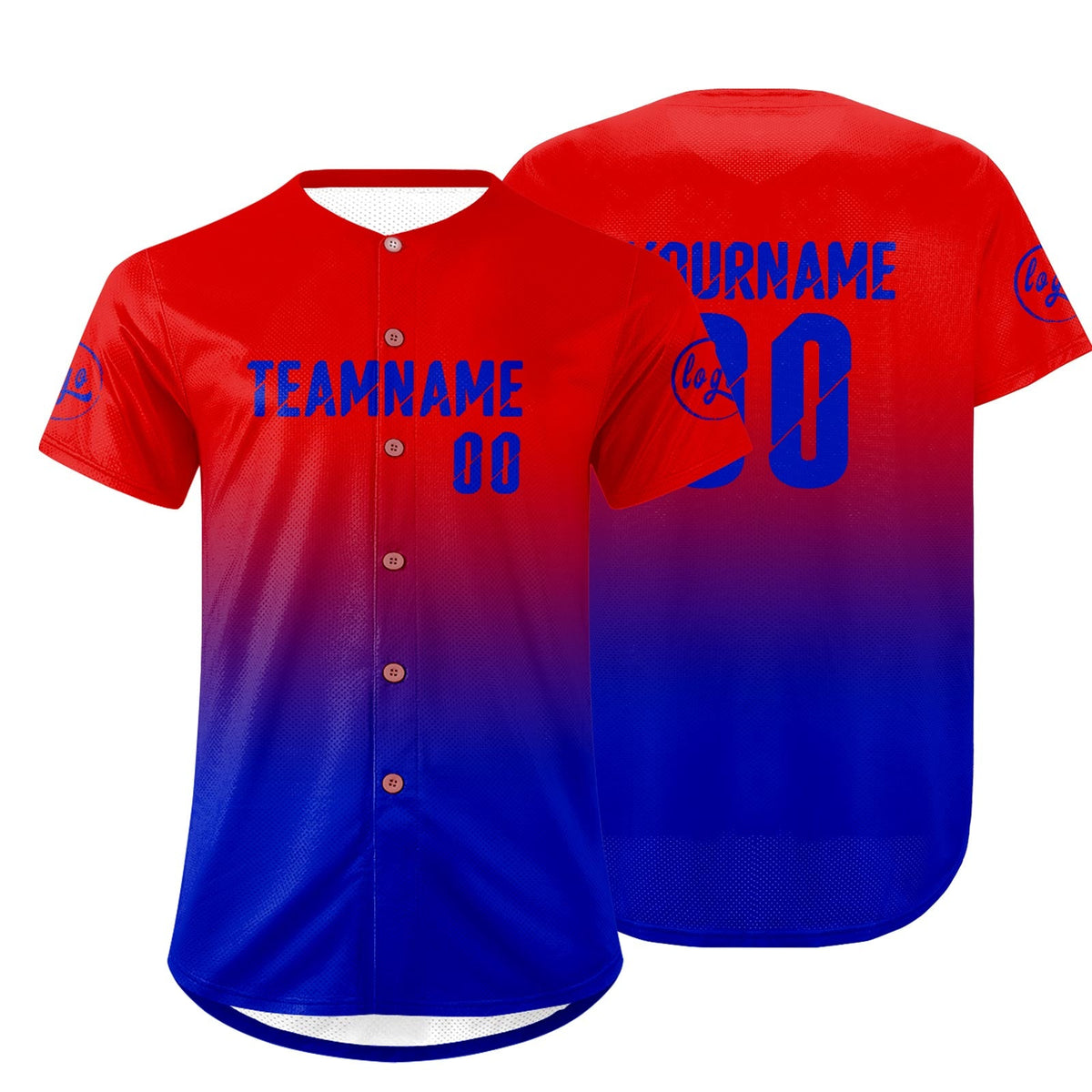 Camiseta de béisbol personalizada roja y azul con degradado uniformes de equipo con nombre y número