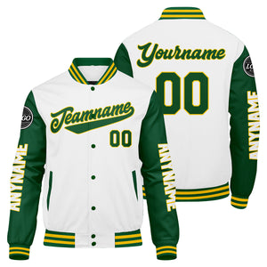 Chaquetas universitarias personalizadas en verde & amarillo y blanco para hombres & mujeres y jóvenes & Chaquetas Letterman personalizadas