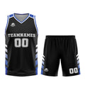 Uniforme de baloncesto personalizado en negro y azul con tu logotipo-nombre y número impresos