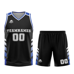 Uniforme de baloncesto personalizado en negro y azul con tu logotipo-nombre y número impresos