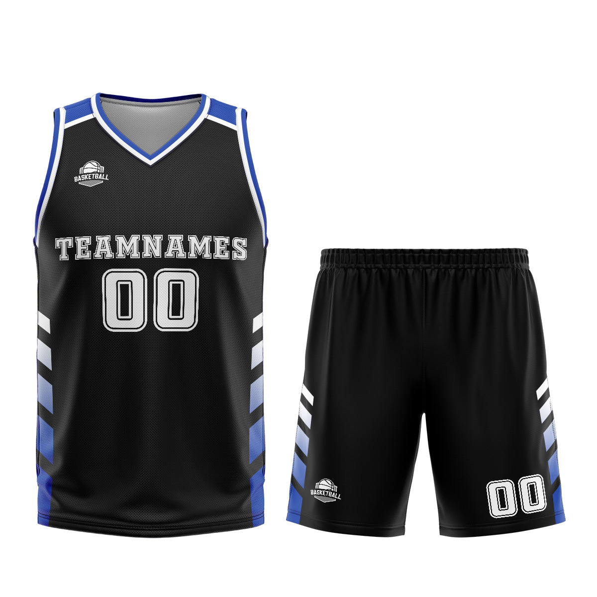 Uniforme de baloncesto personalizado en negro y azul con tu logotipo-nombre y número impresos