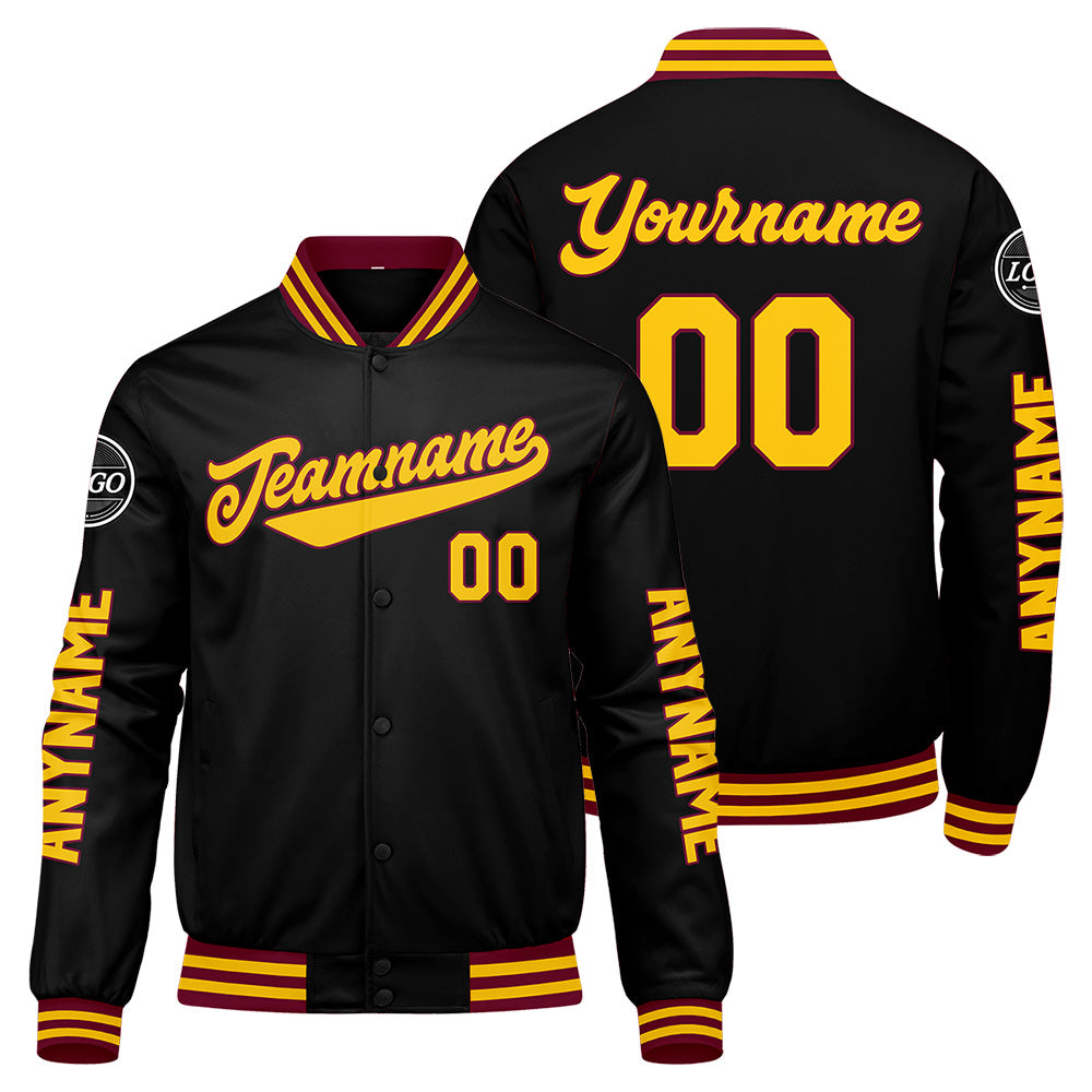 Chaquetas universitarias personalizadas en color carmesí & negro y amarillo para hombres & mujeres y jóvenes & Chaquetas tipo Letterman personalizadas