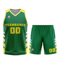 Uniforme de baloncesto personalizado verde y amarillo con tu logotipo-nombre y número impresos