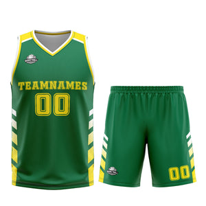 Uniforme de baloncesto personalizado verde y amarillo con tu logotipo-nombre y número impresos