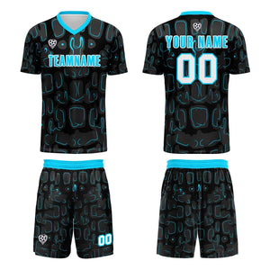 Conjunto personalizado de camiseta de fútbol negra & azul y cian para niños y adultos