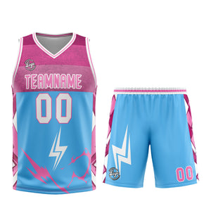 Uniforme de baloncesto personalizado azul y rosa con tu logotipo-nombre y número impresos