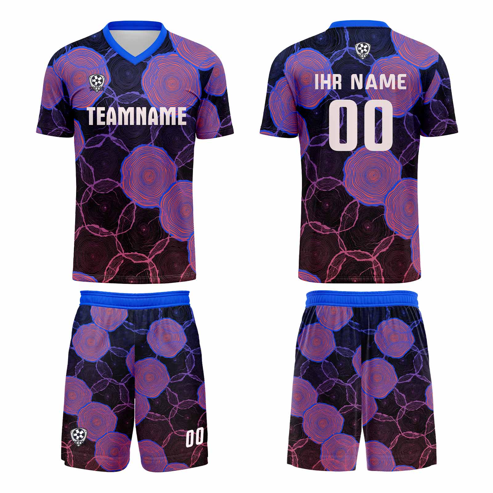 Conjunto personalizado de camiseta de uniforme azul y morado para niños y adultos