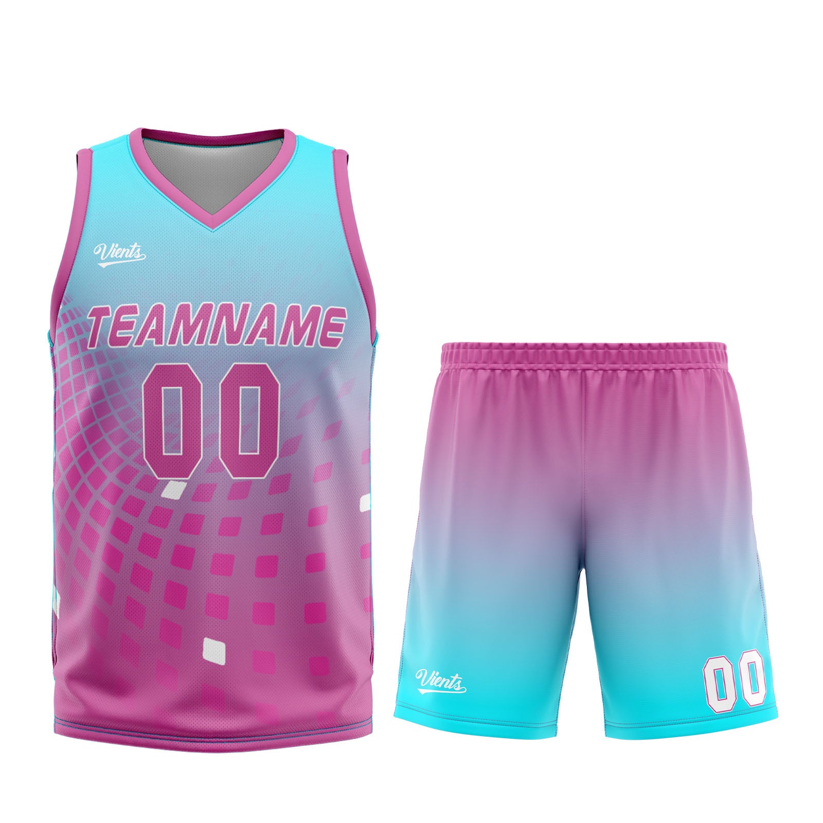 Uniforme de baloncesto personalizado azul claro y rosa con tu logotipo-nombre y número impresos