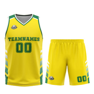 Uniforme de baloncesto personalizado amarillo y verde con tu logotipo-nombre y número impresos