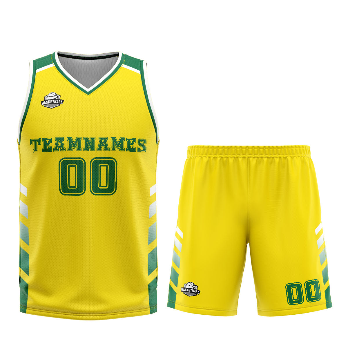 Uniforme de baloncesto personalizado amarillo y verde con tu logotipo-nombre y número impresos
