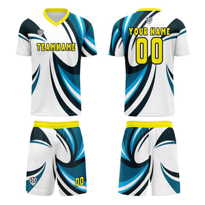 Conjunto personalizado de camiseta de uniforme blanca y azul para niños y adultos