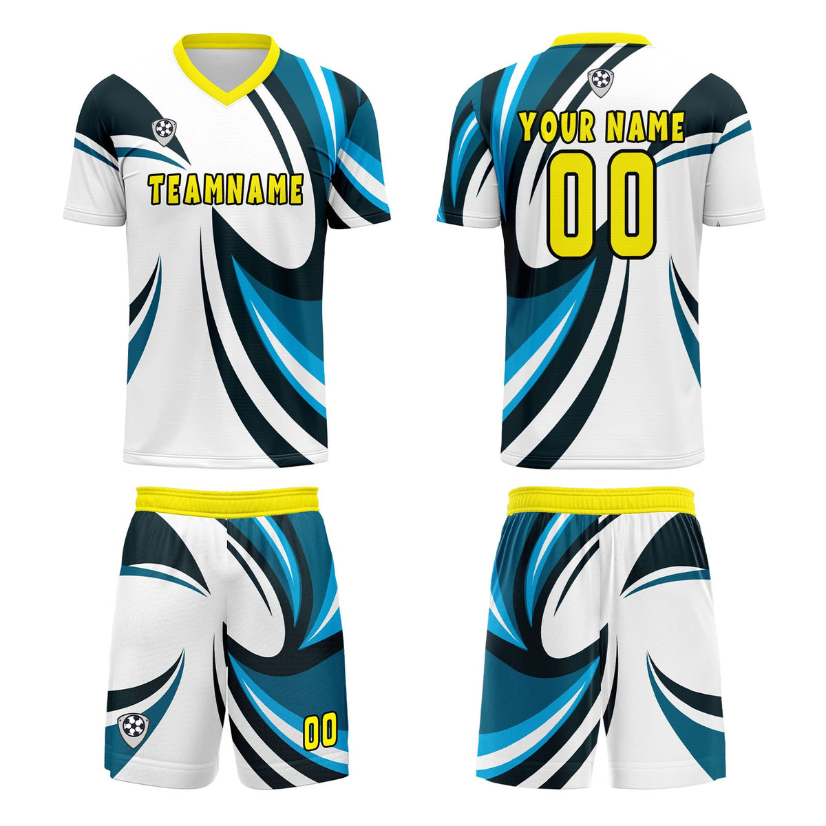 Conjunto personalizado de camiseta de uniforme blanca y azul para niños y adultos