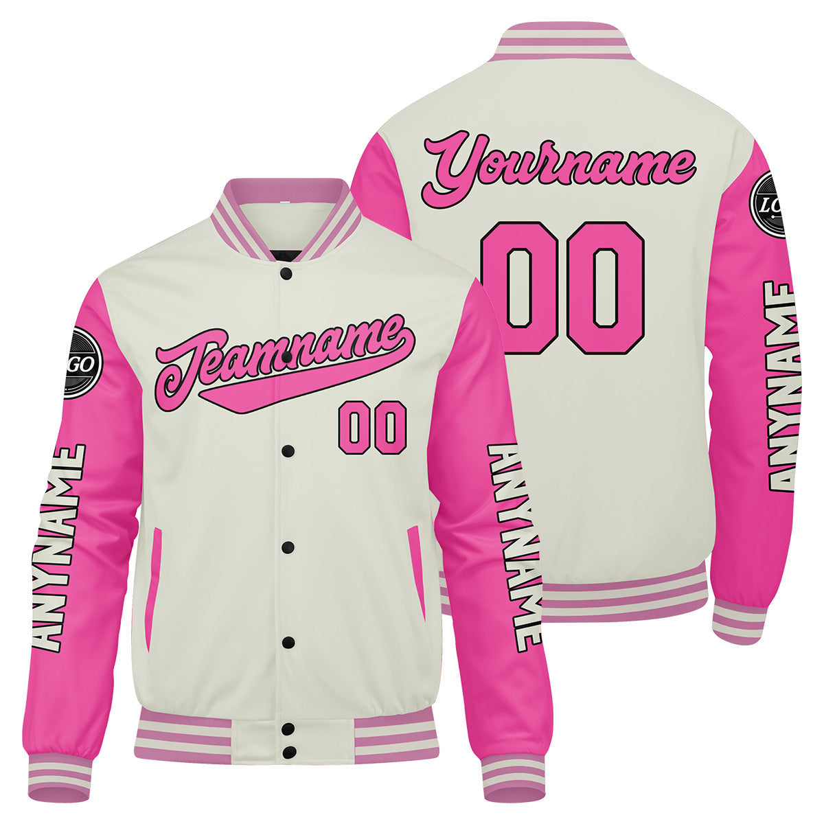 Chaquetas universitarias personalizadas color crema y rosa para hombres & mujeres y jóvenes & Chaquetas Letterman personalizadas