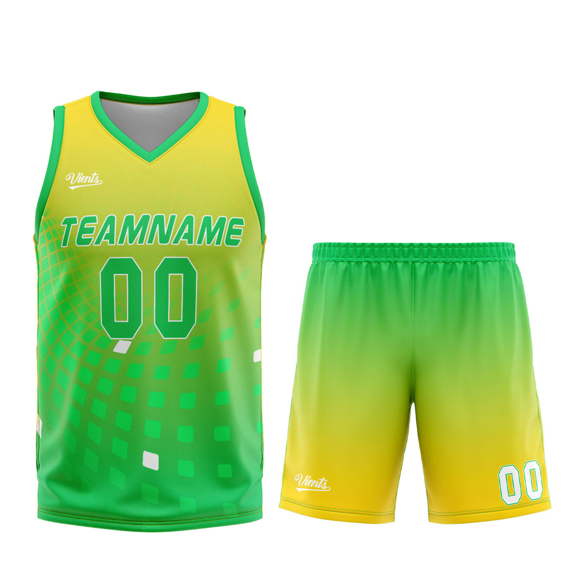 Uniforme de baloncesto personalizado amarillo y verde con tu logotipo-nombre y número impresos