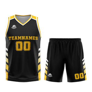 Uniforme de baloncesto personalizado negro y amarillo con tu logotipo-nombre y número impresos